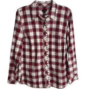 Talbots Blouse Women's Large Metallic Plaid Button Up Ruffle Trim Flannel Top